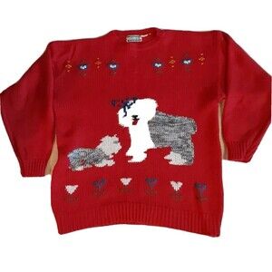 Vintage 80s Stefano Sportswear Cute Red Sheep Dog Sweater Tag Size Missing